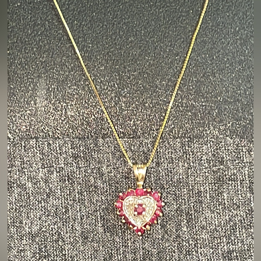 Solid 10K Yellow Gold Heart Pendant Necklace with Ruby and Diamond Accents